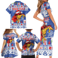 Personalized Puerto Rico Christmas Family Matching Short Sleeve Bodycon Dress and Hawaiian Shirt Coqui With Red Maga Flower - Wonder Print Shop