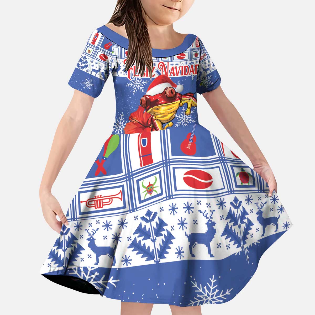 Personalized Puerto Rico Christmas Kid Short Sleeve Dress Coqui With Red Maga Flower - Wonder Print Shop