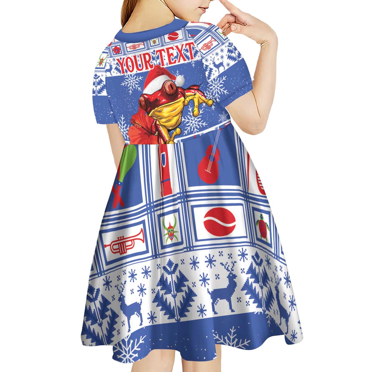 Personalized Puerto Rico Christmas Kid Short Sleeve Dress Coqui With Red Maga Flower - Wonder Print Shop