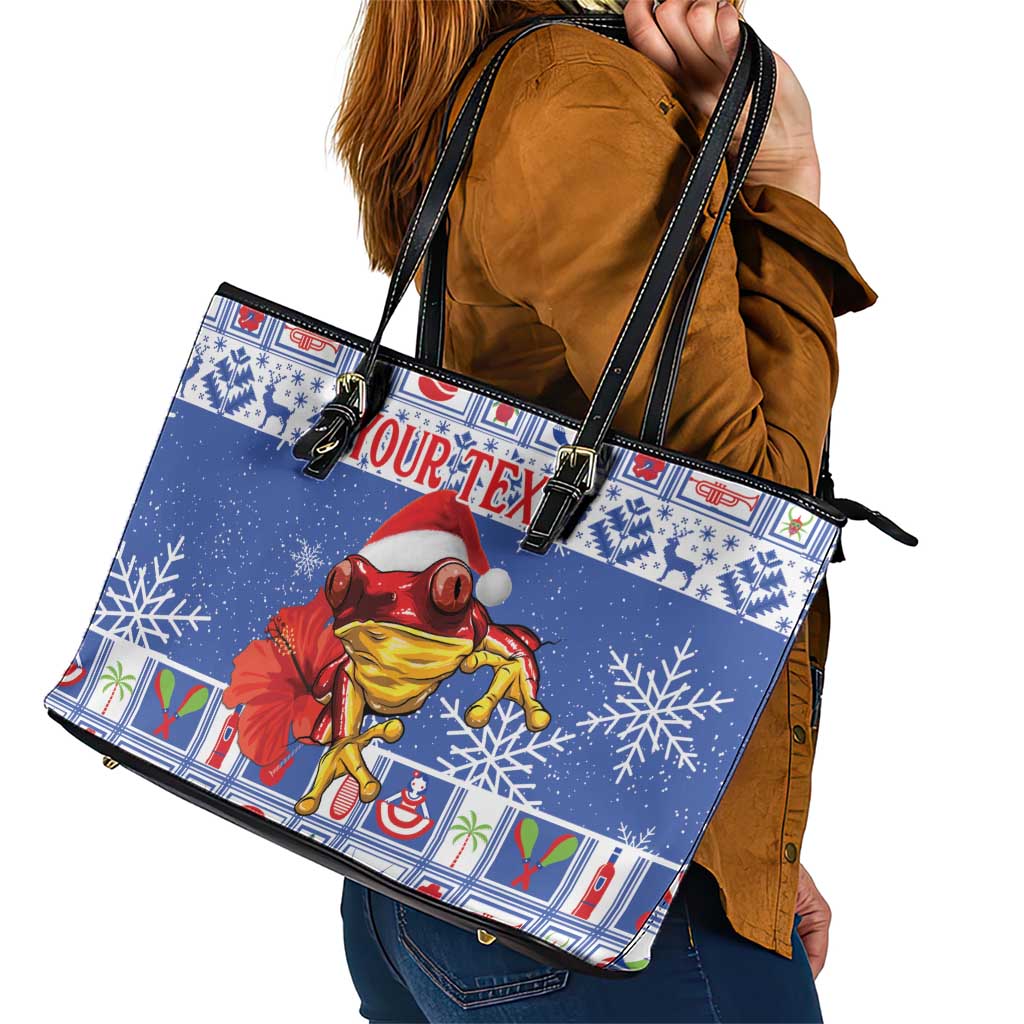 Personalized Puerto Rico Christmas Leather Tote Bag Coqui With Red Maga Flower - Wonder Print Shop