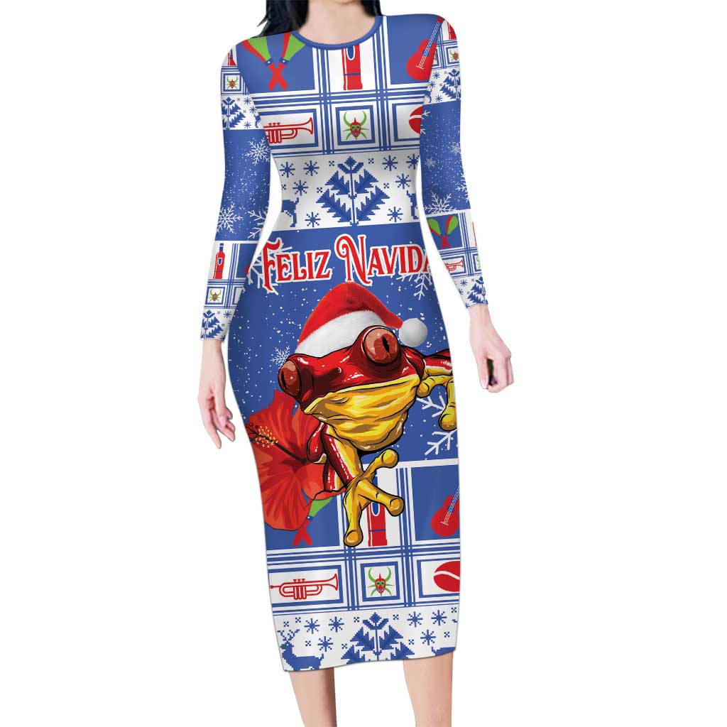 Personalized Puerto Rico Christmas Long Sleeve Bodycon Dress Coqui With Red Maga Flower - Wonder Print Shop