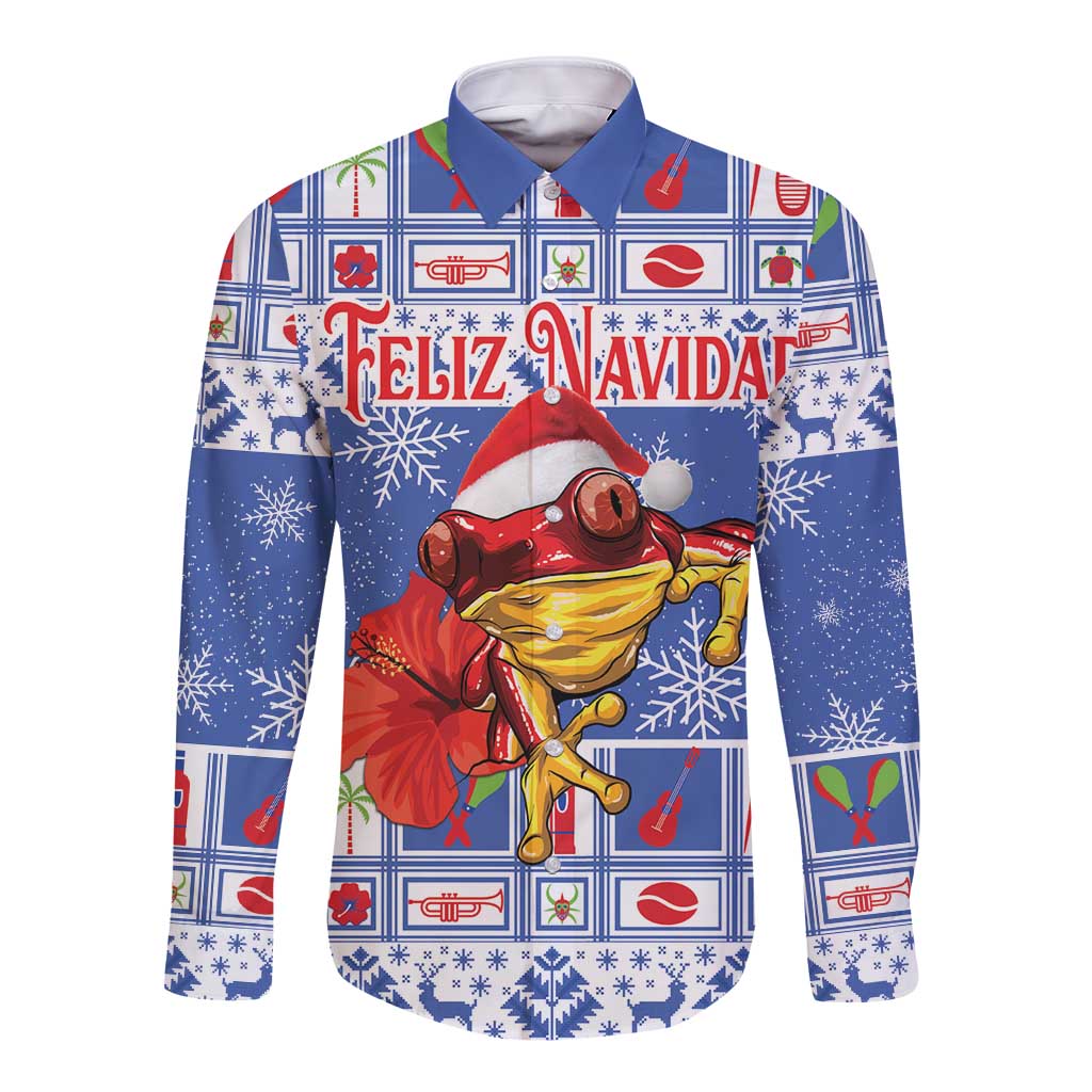 Personalized Puerto Rico Christmas Long Sleeve Button Shirt Coqui With Red Maga Flower - Wonder Print Shop