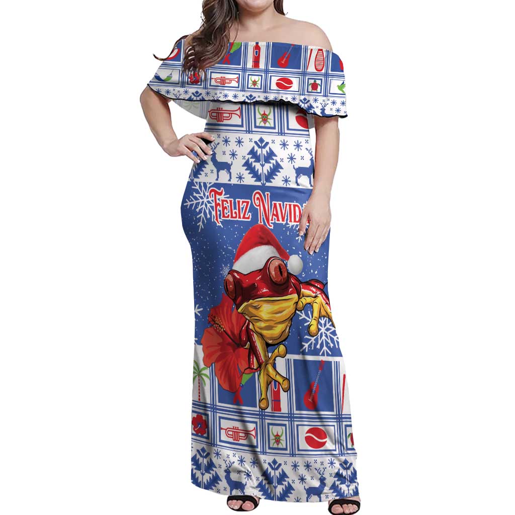 Personalized Puerto Rico Christmas Off Shoulder Maxi Dress Coqui With Red Maga Flower - Wonder Print Shop