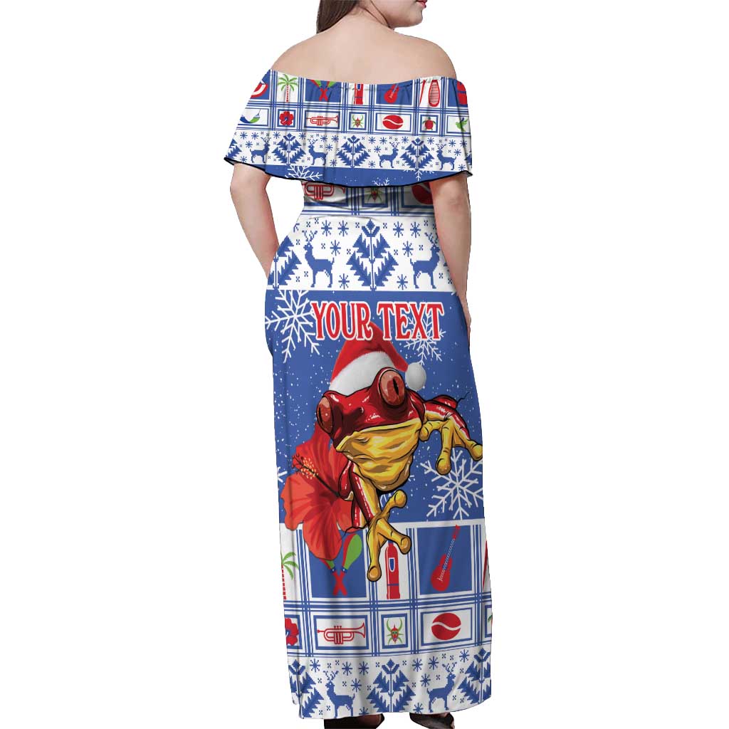Personalized Puerto Rico Christmas Off Shoulder Maxi Dress Coqui With Red Maga Flower - Wonder Print Shop