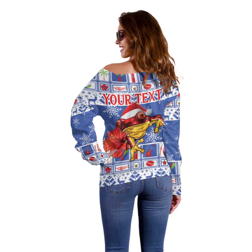 Personalized Puerto Rico Christmas Off Shoulder Sweater Coqui With Red Maga Flower - Wonder Print Shop