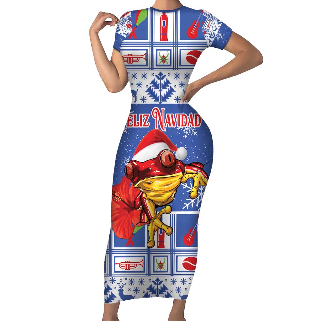 Personalized Puerto Rico Christmas Short Sleeve Bodycon Dress Coqui With Red Maga Flower - Wonder Print Shop