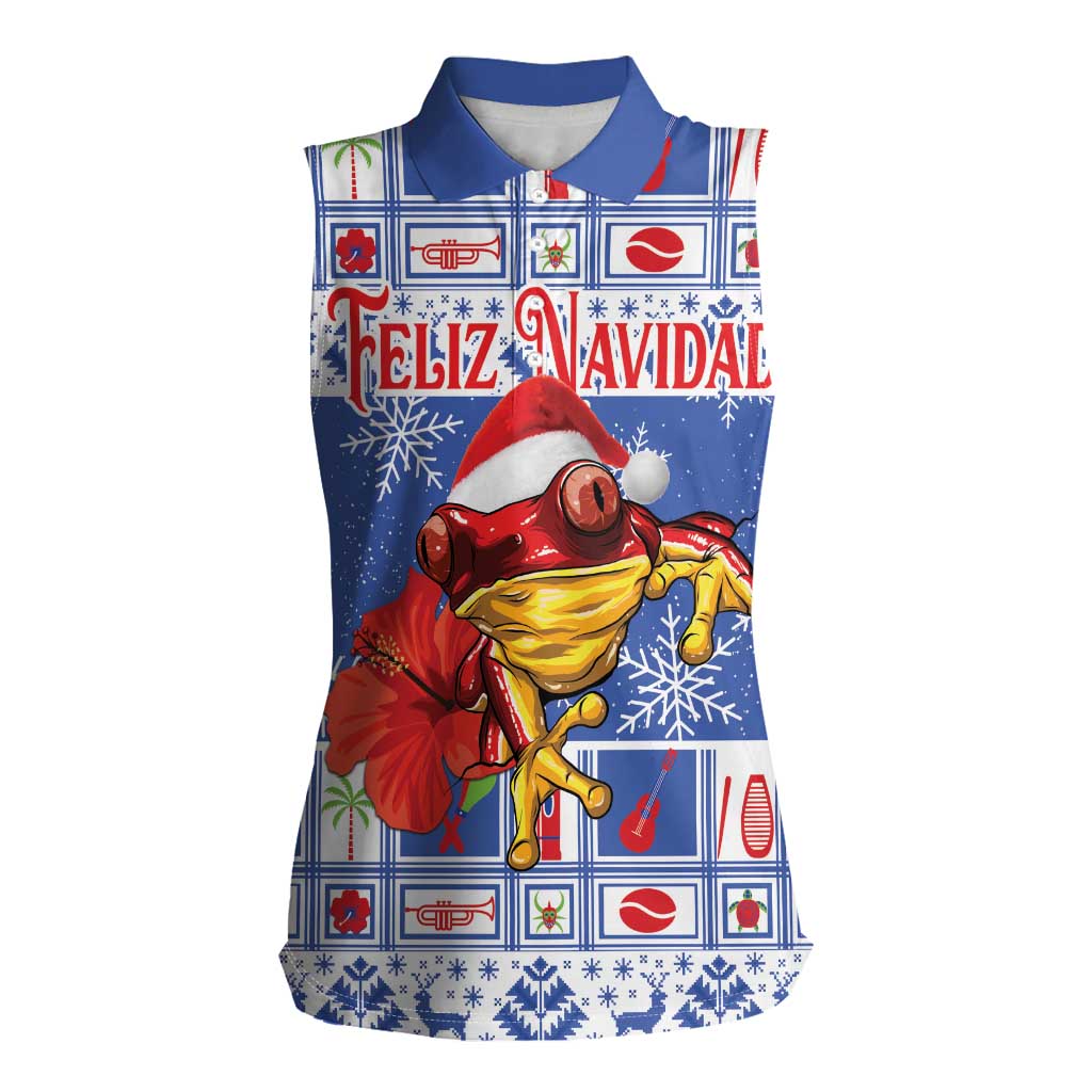 Personalized Puerto Rico Christmas Women Sleeveless Polo Shirt Coqui With Red Maga Flower - Wonder Print Shop