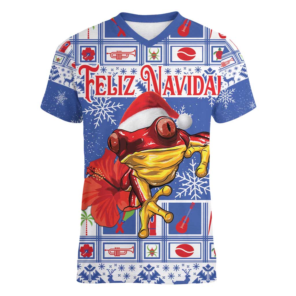 Personalized Puerto Rico Christmas Women V-Neck T-Shirt Coqui With Red Maga Flower - Wonder Print Shop