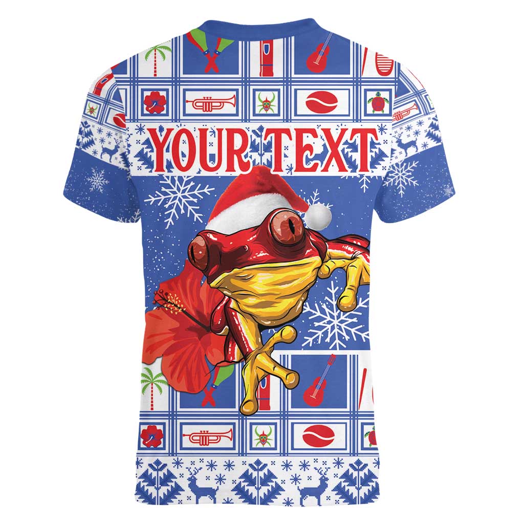 Personalized Puerto Rico Christmas Women V-Neck T-Shirt Coqui With Red Maga Flower - Wonder Print Shop