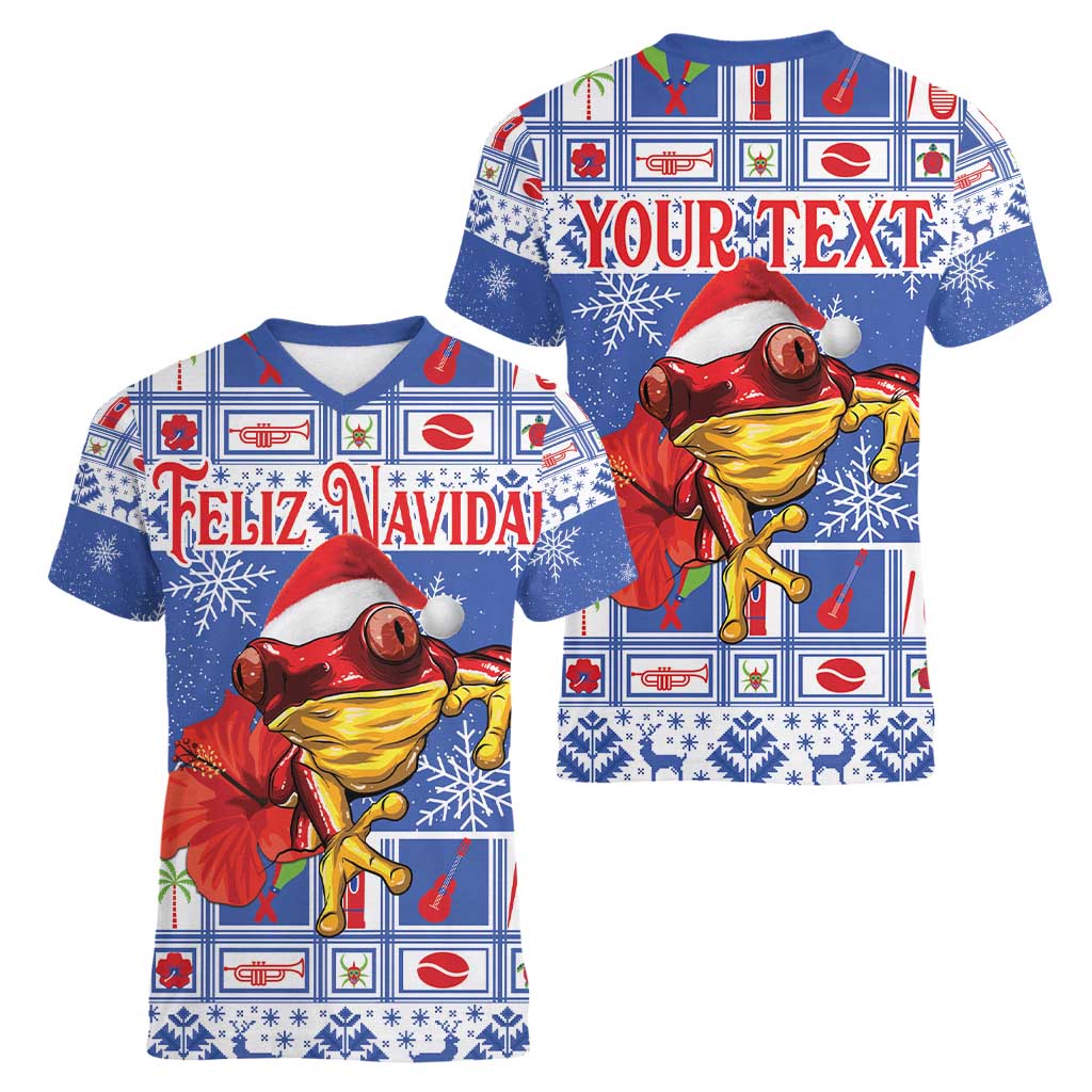 Personalized Puerto Rico Christmas Women V-Neck T-Shirt Coqui With Red Maga Flower - Wonder Print Shop