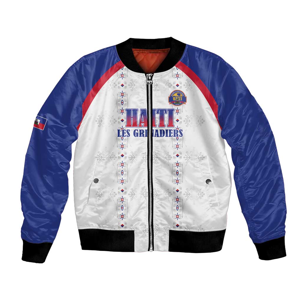 Custom Haiti Football Bomber Jacket Les Grenadiers Veve Haitian Vodou White Version - Wonder Print Shop