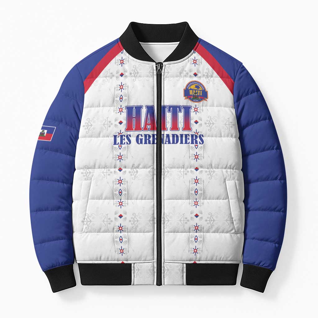 Custom Haiti Football Bomber Puffer Jacket Les Grenadiers Veve Haitian Vodou White Version - Wonder Print Shop