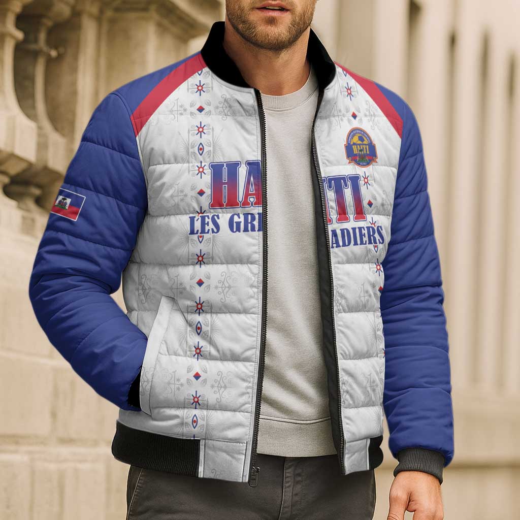 Custom Haiti Football Bomber Puffer Jacket Les Grenadiers Veve Haitian Vodou White Version - Wonder Print Shop