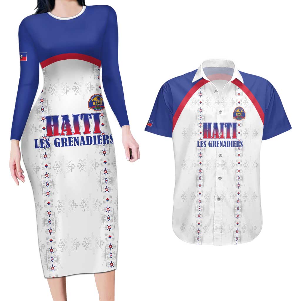 Custom Haiti Football Couples Matching Long Sleeve Bodycon Dress and Hawaiian Shirt Les Grenadiers Veve Haitian Vodou White Version - Wonder Print Shop