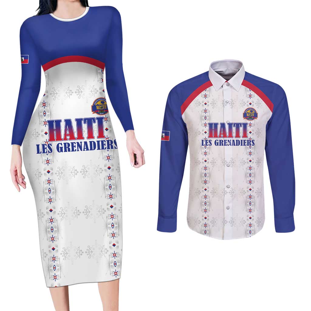 Custom Haiti Football Couples Matching Long Sleeve Bodycon Dress and Long Sleeve Button Shirt Les Grenadiers Veve Haitian Vodou White Version - Wonder Print Shop