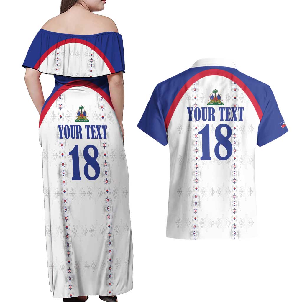 Custom Haiti Football Couples Matching Off Shoulder Maxi Dress and Hawaiian Shirt Les Grenadiers Veve Haitian Vodou White Version - Wonder Print Shop