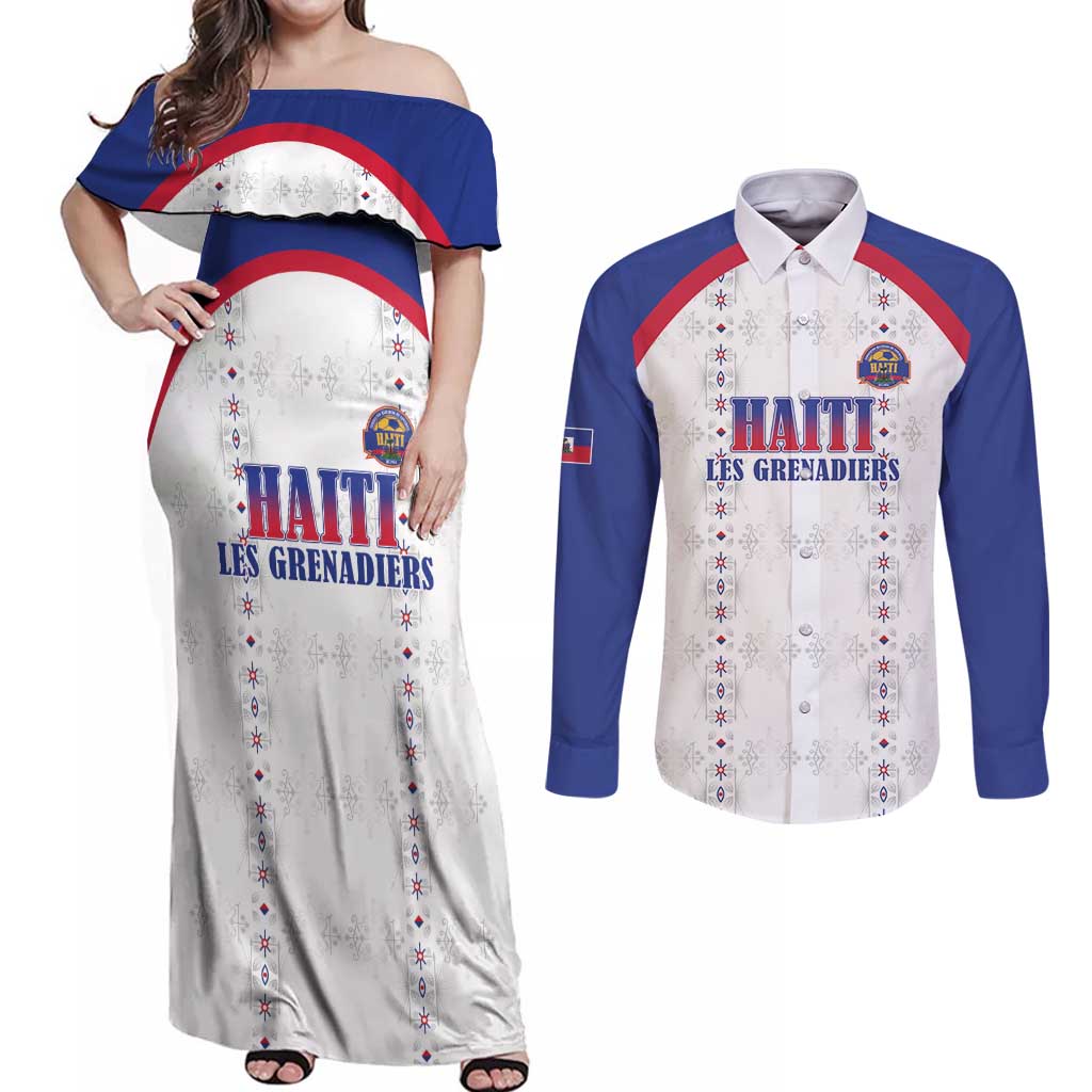 Custom Haiti Football Couples Matching Off Shoulder Maxi Dress and Long Sleeve Button Shirt Les Grenadiers Veve Haitian Vodou White Version - Wonder Print Shop