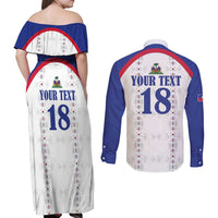 Custom Haiti Football Couples Matching Off Shoulder Maxi Dress and Long Sleeve Button Shirt Les Grenadiers Veve Haitian Vodou White Version - Wonder Print Shop