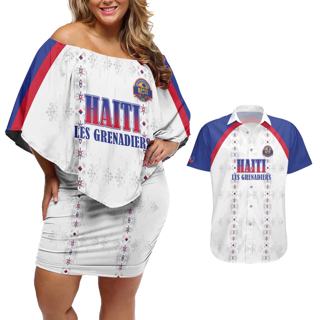 Custom Haiti Football Couples Matching Off Shoulder Short Dress and Hawaiian Shirt Les Grenadiers Veve Haitian Vodou White Version - Wonder Print Shop