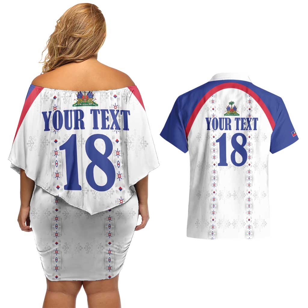 Custom Haiti Football Couples Matching Off Shoulder Short Dress and Hawaiian Shirt Les Grenadiers Veve Haitian Vodou White Version - Wonder Print Shop
