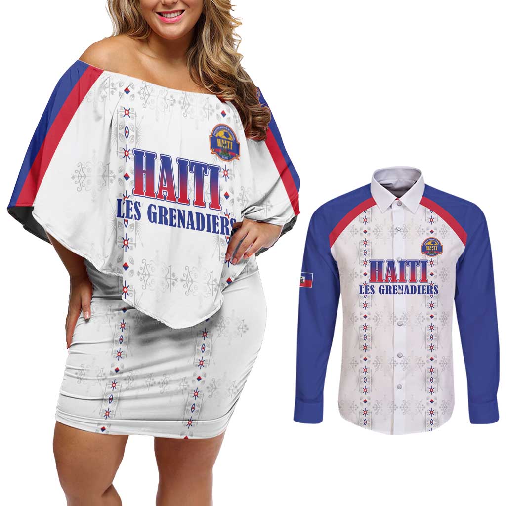 Custom Haiti Football Couples Matching Off Shoulder Short Dress and Long Sleeve Button Shirt Les Grenadiers Veve Haitian Vodou White Version - Wonder Print Shop