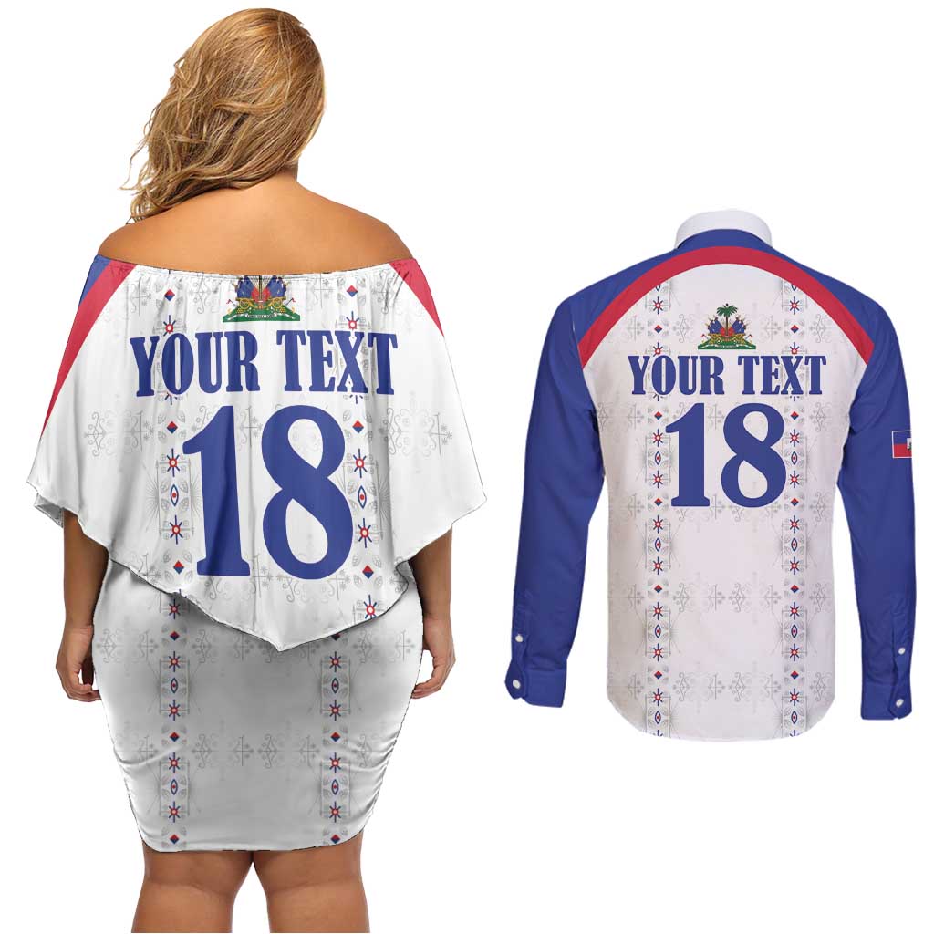 Custom Haiti Football Couples Matching Off Shoulder Short Dress and Long Sleeve Button Shirt Les Grenadiers Veve Haitian Vodou White Version - Wonder Print Shop