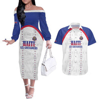 Custom Haiti Football Couples Matching Off The Shoulder Long Sleeve Dress and Hawaiian Shirt Les Grenadiers Veve Haitian Vodou White Version - Wonder Print Shop