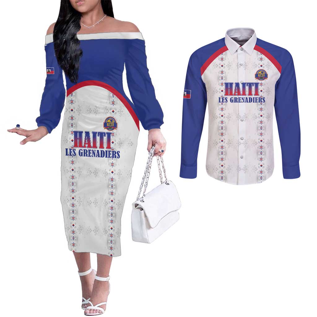 Custom Haiti Football Couples Matching Off The Shoulder Long Sleeve Dress and Long Sleeve Button Shirt Les Grenadiers Veve Haitian Vodou White Version - Wonder Print Shop