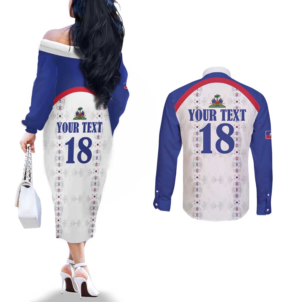 Custom Haiti Football Couples Matching Off The Shoulder Long Sleeve Dress and Long Sleeve Button Shirt Les Grenadiers Veve Haitian Vodou White Version - Wonder Print Shop