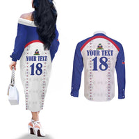 Custom Haiti Football Couples Matching Off The Shoulder Long Sleeve Dress and Long Sleeve Button Shirt Les Grenadiers Veve Haitian Vodou White Version - Wonder Print Shop