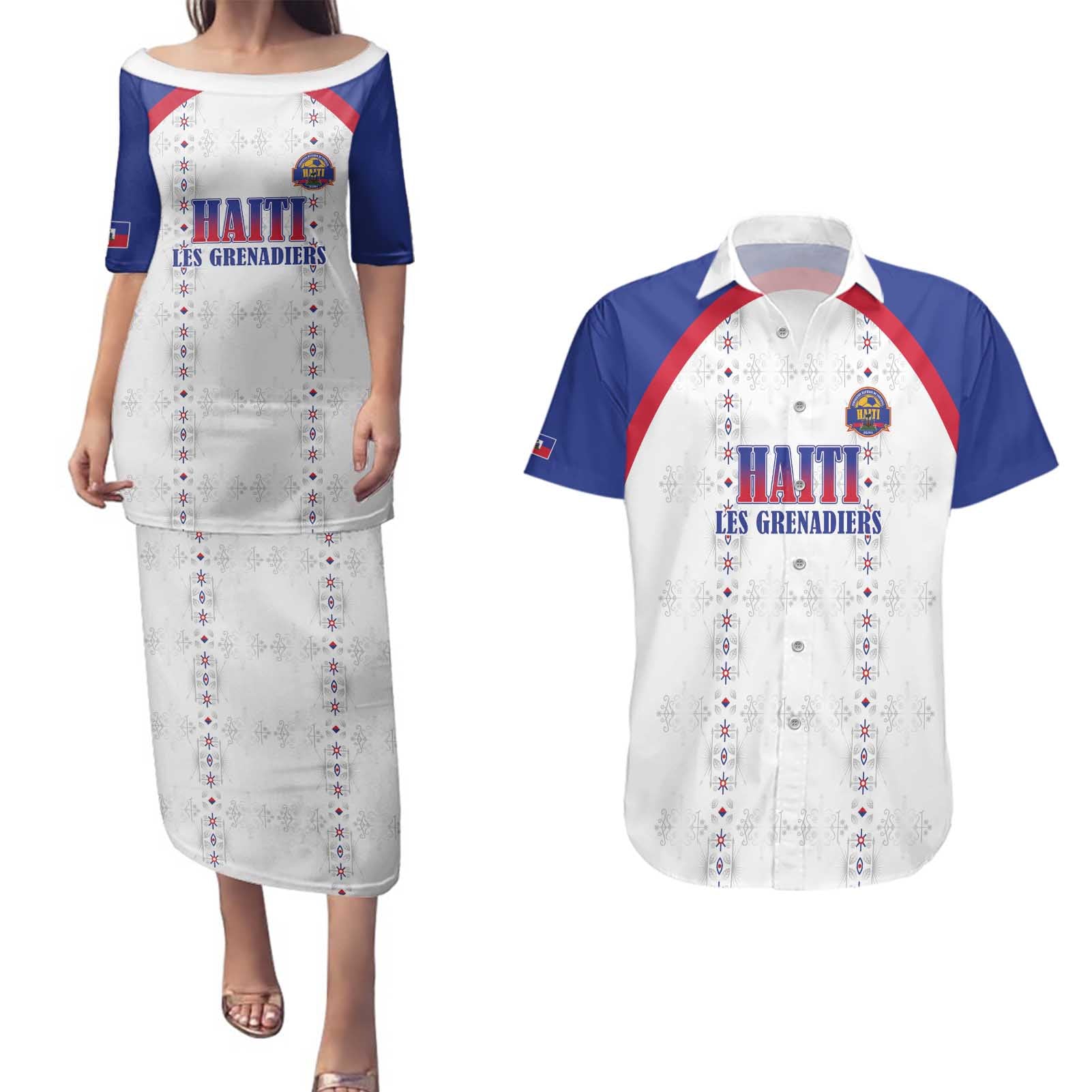 Custom Haiti Football Couples Matching Puletasi and Hawaiian Shirt Les Grenadiers Veve Haitian Vodou White Version - Wonder Print Shop