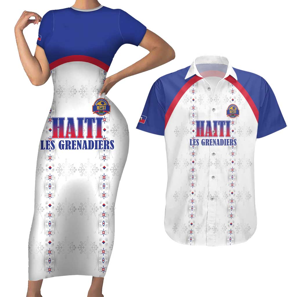 Custom Haiti Football Couples Matching Short Sleeve Bodycon Dress and Hawaiian Shirt Les Grenadiers Veve Haitian Vodou White Version - Wonder Print Shop