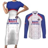 Custom Haiti Football Couples Matching Short Sleeve Bodycon Dress and Long Sleeve Button Shirt Les Grenadiers Veve Haitian Vodou White Version - Wonder Print Shop