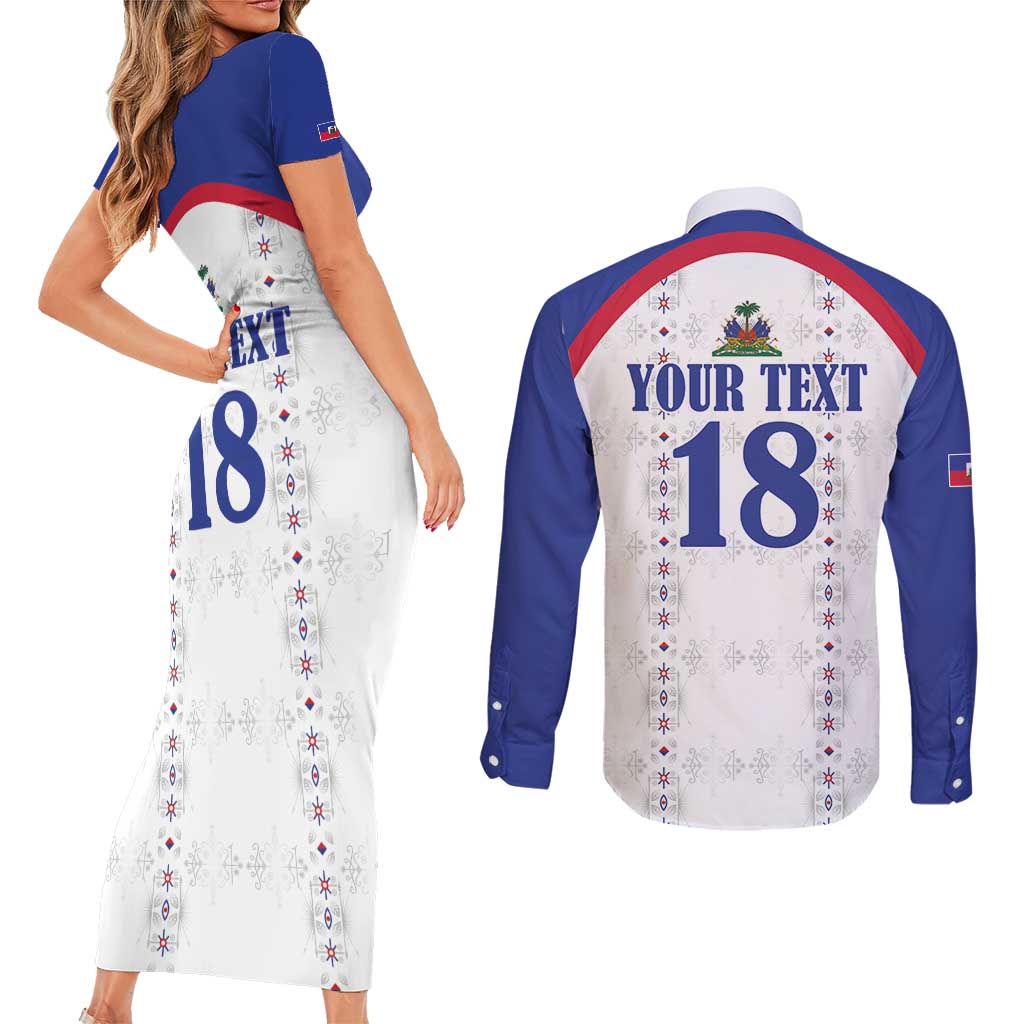 Custom Haiti Football Couples Matching Short Sleeve Bodycon Dress and Long Sleeve Button Shirt Les Grenadiers Veve Haitian Vodou White Version - Wonder Print Shop