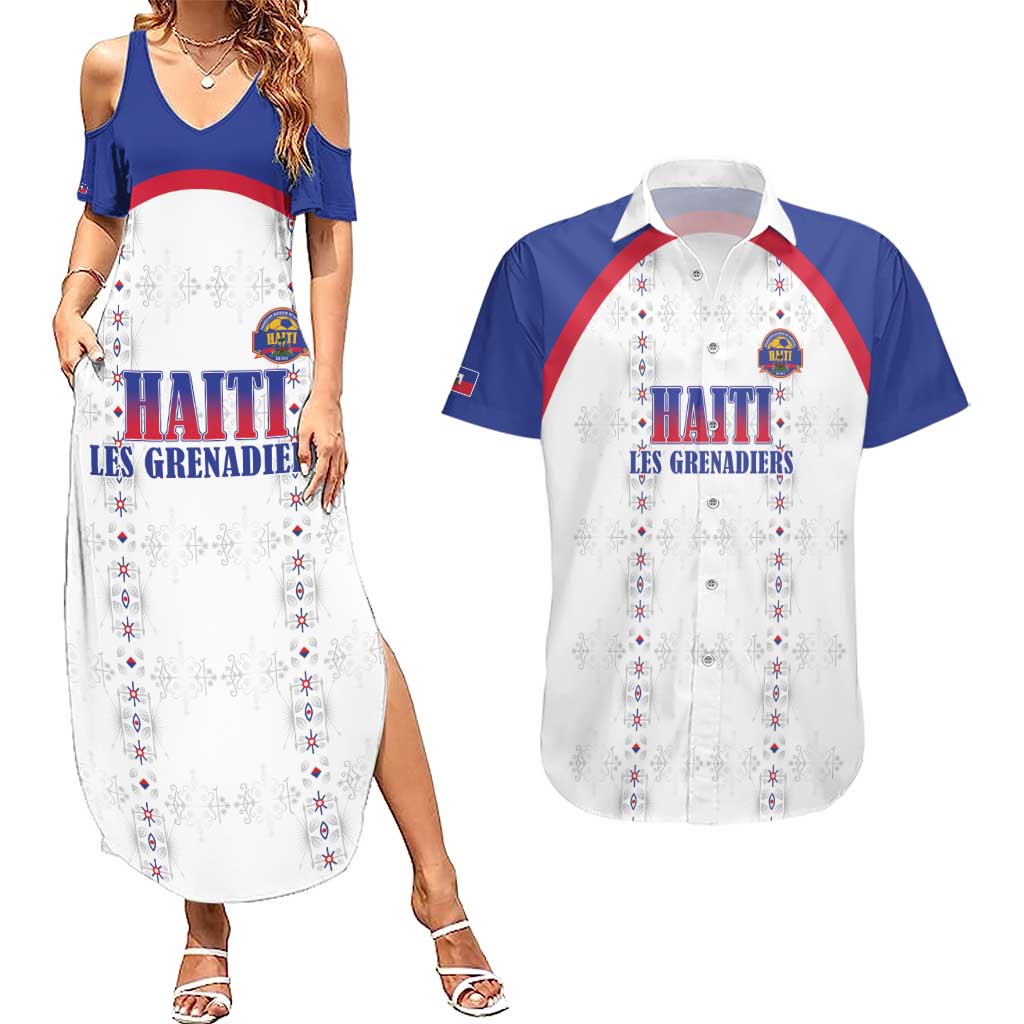 Custom Haiti Football Couples Matching Summer Maxi Dress and Hawaiian Shirt Les Grenadiers Veve Haitian Vodou White Version - Wonder Print Shop