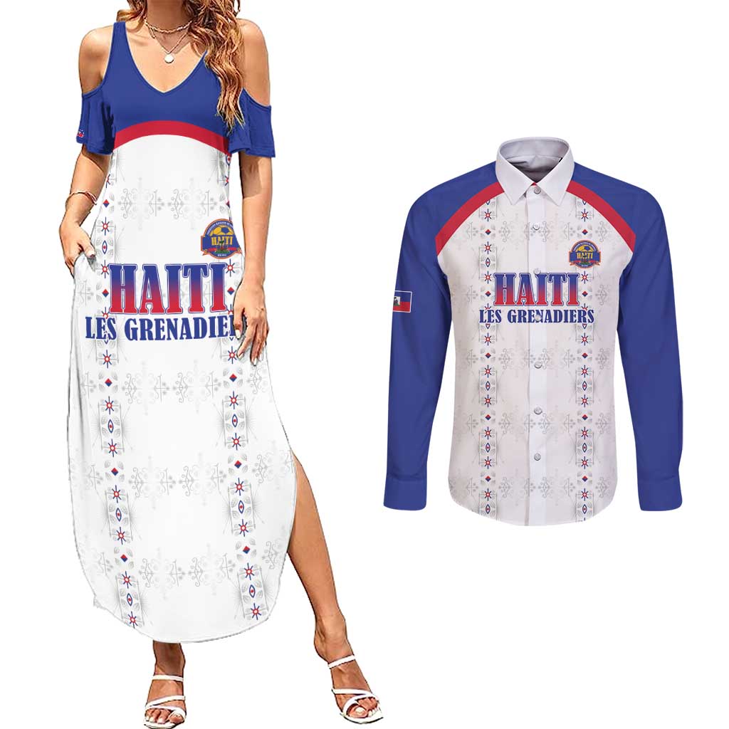 Custom Haiti Football Couples Matching Summer Maxi Dress and Long Sleeve Button Shirt Les Grenadiers Veve Haitian Vodou White Version - Wonder Print Shop