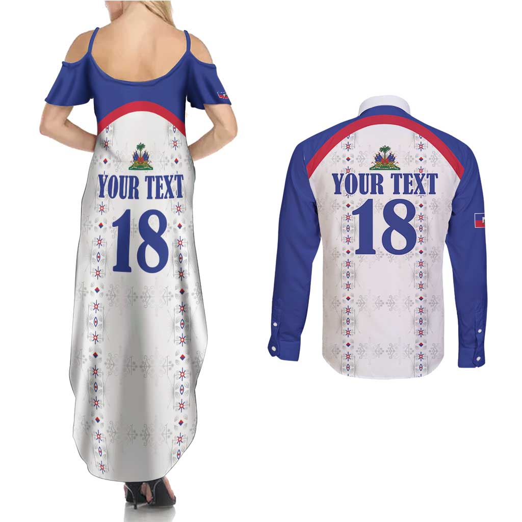 Custom Haiti Football Couples Matching Summer Maxi Dress and Long Sleeve Button Shirt Les Grenadiers Veve Haitian Vodou White Version - Wonder Print Shop