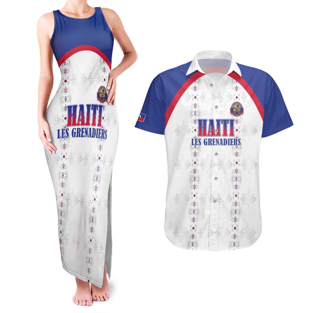 Custom Haiti Football Couples Matching Tank Maxi Dress and Hawaiian Shirt Les Grenadiers Veve Haitian Vodou White Version - Wonder Print Shop