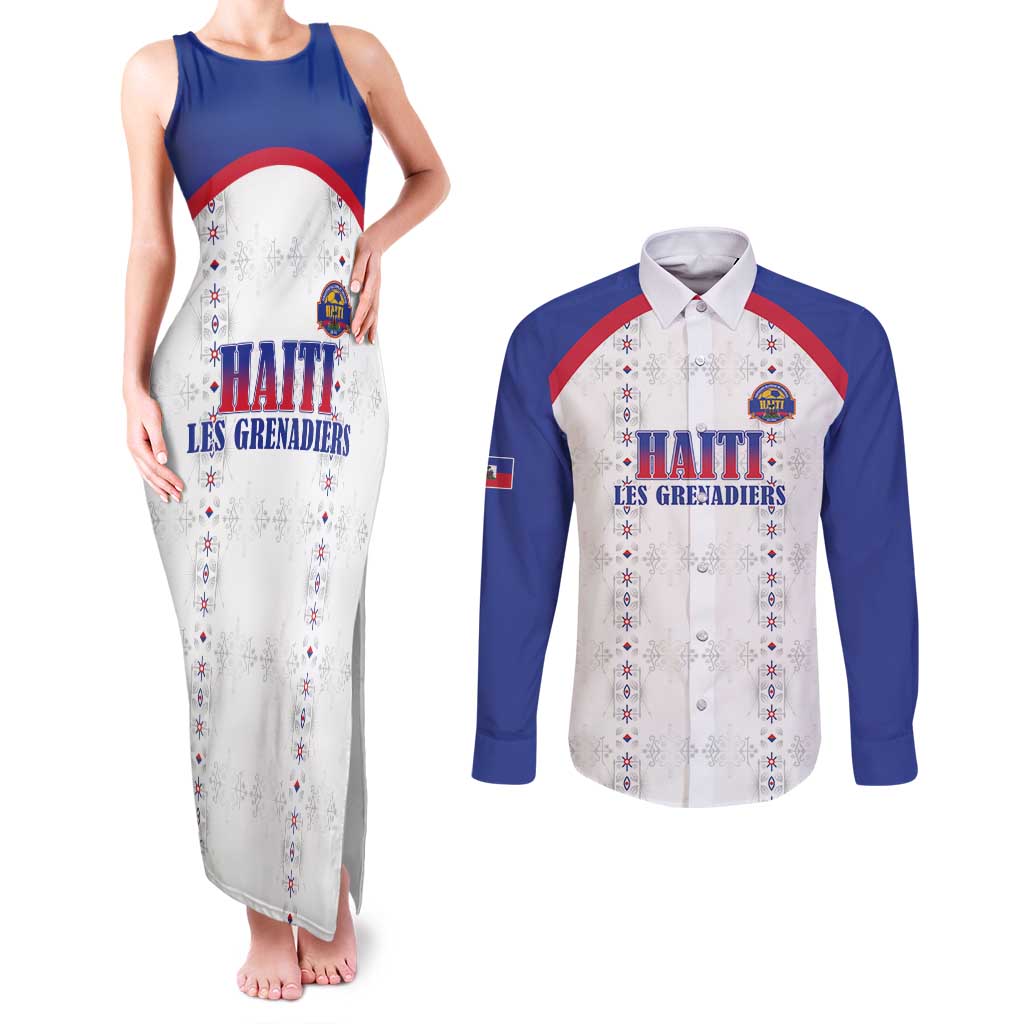 Custom Haiti Football Couples Matching Tank Maxi Dress and Long Sleeve Button Shirt Les Grenadiers Veve Haitian Vodou White Version - Wonder Print Shop