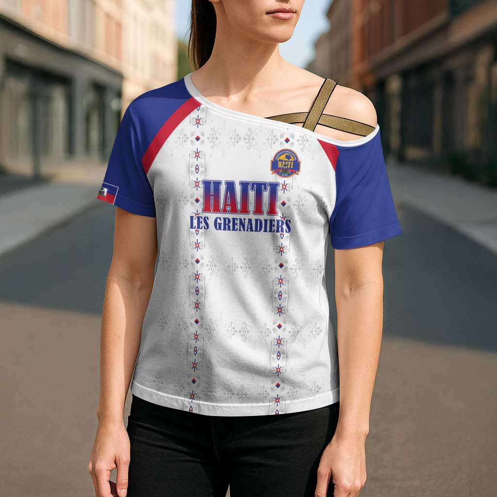 Custom Haiti Football Cross Shoulder Shirt Les Grenadiers Veve Haitian Vodou White Version - Wonder Print Shop