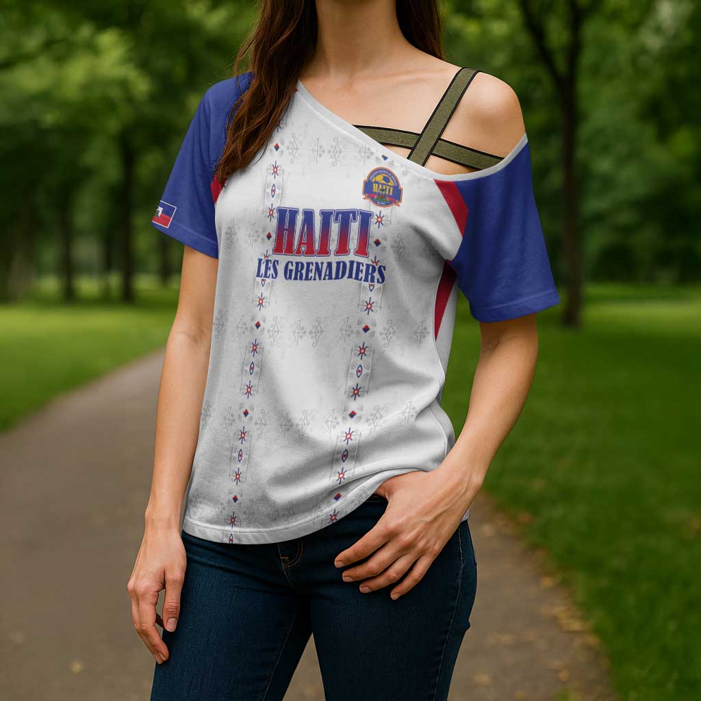 Custom Haiti Football Cross Shoulder Shirt Les Grenadiers Veve Haitian Vodou White Version - Wonder Print Shop