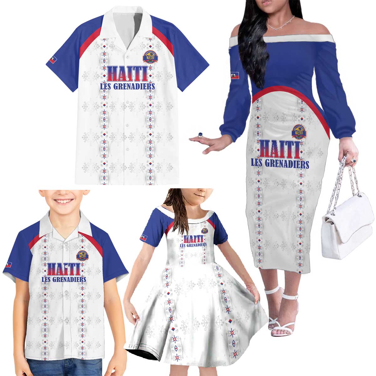 Custom Haiti Football Family Matching Off The Shoulder Long Sleeve Dress and Hawaiian Shirt Les Grenadiers Veve Haitian Vodou White Version - Wonder Print Shop