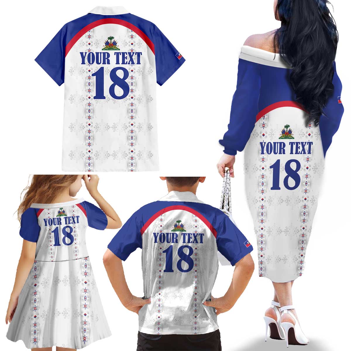 Custom Haiti Football Family Matching Off The Shoulder Long Sleeve Dress and Hawaiian Shirt Les Grenadiers Veve Haitian Vodou White Version - Wonder Print Shop