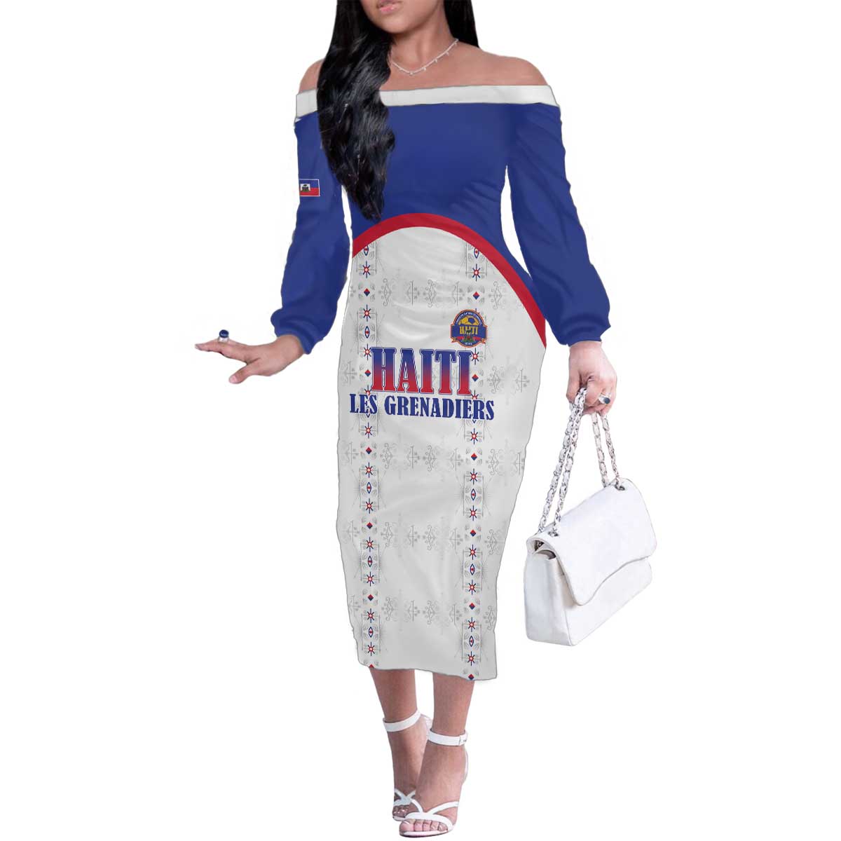 Custom Haiti Football Family Matching Off The Shoulder Long Sleeve Dress and Hawaiian Shirt Les Grenadiers Veve Haitian Vodou White Version - Wonder Print Shop