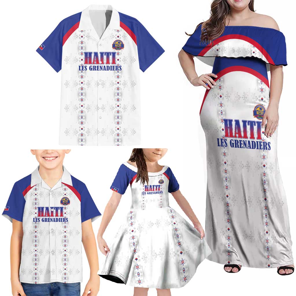 Custom Haiti Football Family Matching Off Shoulder Maxi Dress and Hawaiian Shirt Les Grenadiers Veve Haitian Vodou White Version - Wonder Print Shop