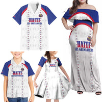 Custom Haiti Football Family Matching Off Shoulder Maxi Dress and Hawaiian Shirt Les Grenadiers Veve Haitian Vodou White Version - Wonder Print Shop