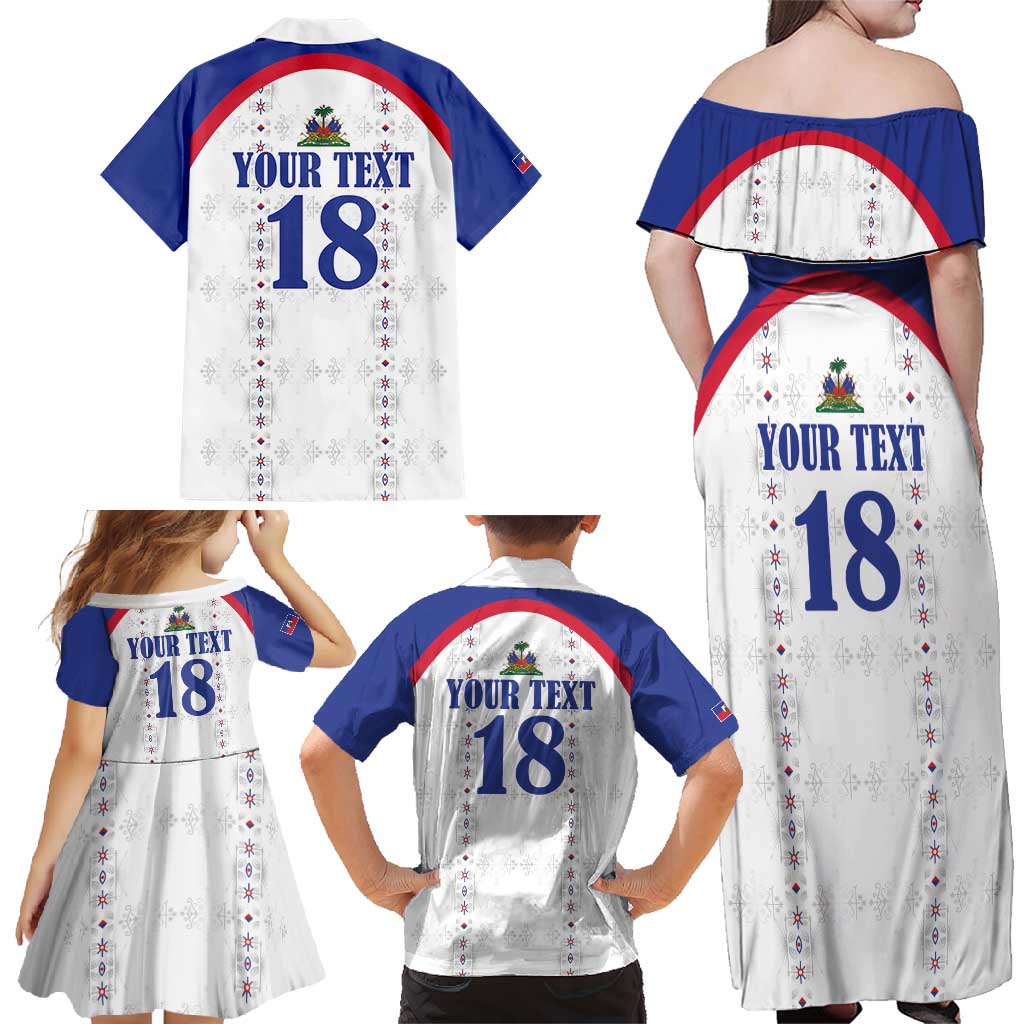 Custom Haiti Football Family Matching Off Shoulder Maxi Dress and Hawaiian Shirt Les Grenadiers Veve Haitian Vodou White Version - Wonder Print Shop