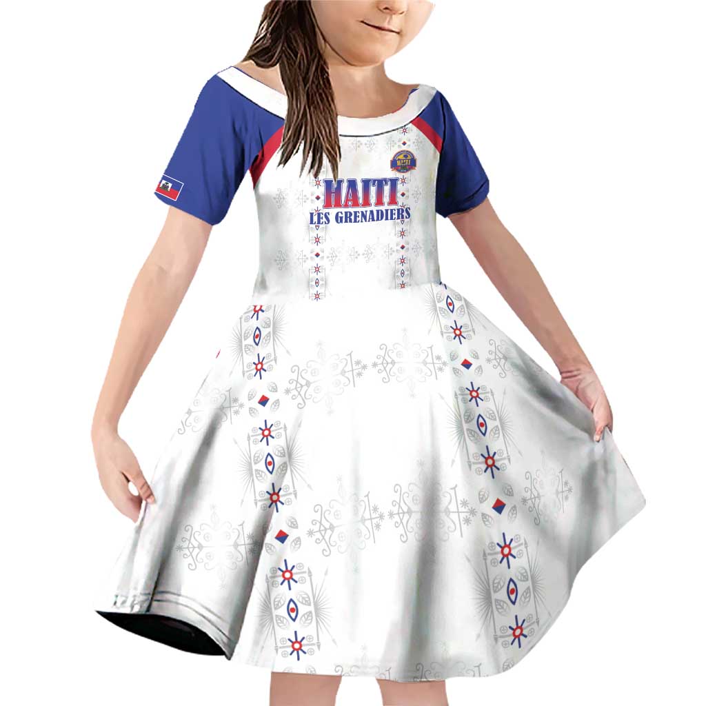 Custom Haiti Football Family Matching Off Shoulder Short Dress and Hawaiian Shirt Les Grenadiers Veve Haitian Vodou White Version - Wonder Print Shop