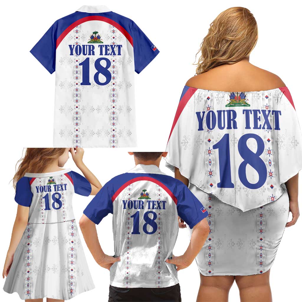 Custom Haiti Football Family Matching Off Shoulder Short Dress and Hawaiian Shirt Les Grenadiers Veve Haitian Vodou White Version - Wonder Print Shop