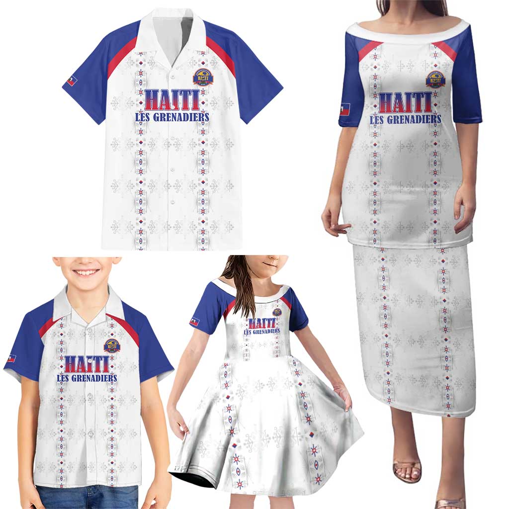 Custom Haiti Football Family Matching Puletasi and Hawaiian Shirt Les Grenadiers Veve Haitian Vodou White Version - Wonder Print Shop